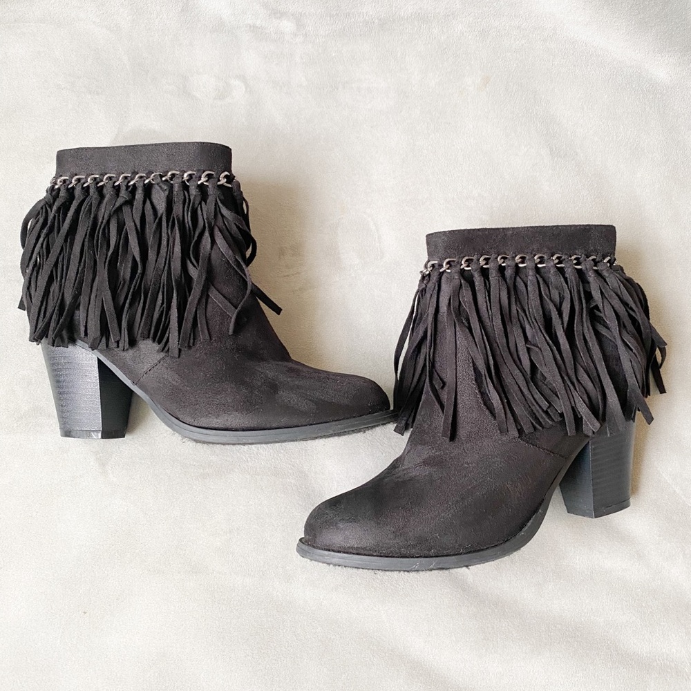 Black Fringe Bootie Heels